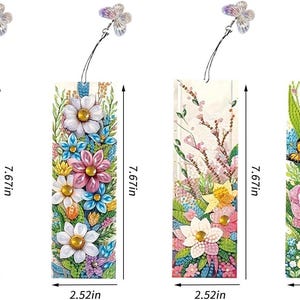 May include: Set of four colorful floral bookmark designs with butterflies. Each bookmark is 7.67 inches tall and 2.52 inches wide.