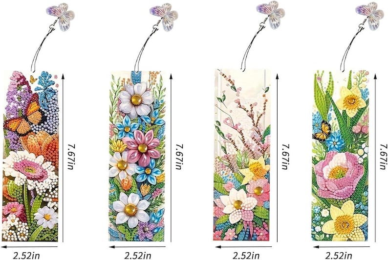 May include: Set of four colorful floral bookmark designs with butterflies. Each bookmark is 7.67 inches tall and 2.52 inches wide.