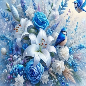 May include: A bouquet of white lilies, blue roses, and other blue flowers with two blue birds perched on the stems. The flowers are arranged in a vase and the background is a light blue.