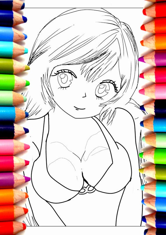 Download Sexy Manga / Anime Girl Coloring page Cute Big chest | Etsy