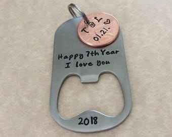 7th Year Anniversary, 2011 penny, Happy 7th Year, I Love You hand stamped stainless steel bottle opener, with 7 year Anniversary Penny