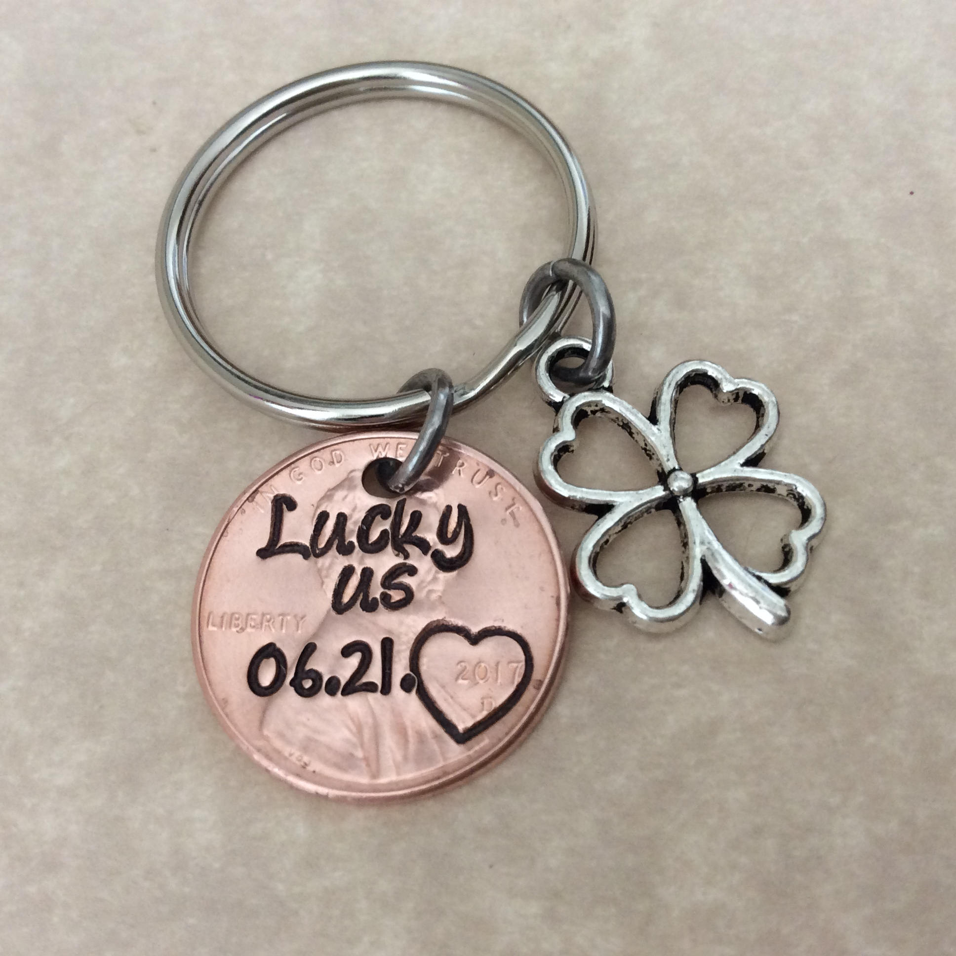 One Hand stamped personalized penny, customized penny Lucky Us, perso…