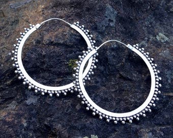 Silver Big Tribal Hoop Earrings / Silver Gypsy Hoops for Everyday /  Silver Tribal Hoops / Festival Jewelry  - E236