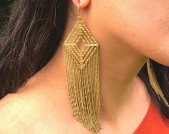 NEW! Brass Sacred Web Earrings / Long Gold Fringe Earrings / Southwestern Style Dramatic Chain Earrings / Boho Dangle Earrings - E159