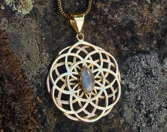 Brass Double Seed of Life Necklace with Labradorite Crystal / Sacred Geometry Gold Flower of Life Pendant / Cat's Eye Mandala - N125