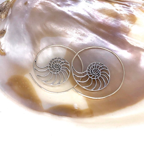 Petite Silver Nautilus Spiral Earrings / Sacred Geometry Silver Spirals / Ammonite Fossil Seashell Earrings / Boho Tribal Gypsy - E241