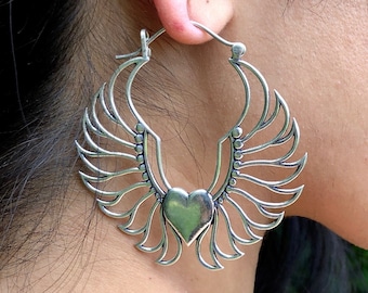 NEW! Silver Winged Heart Earrings / Big Silver Heart Hoops / Silver Wing Earrings / Boho Tribal Earrings / Spiritual Jewelry - E246