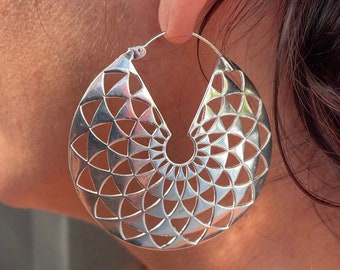 Silver Mandala Hoops / Sacred Geometry Earrings / Crown Chakra Earrings - E223