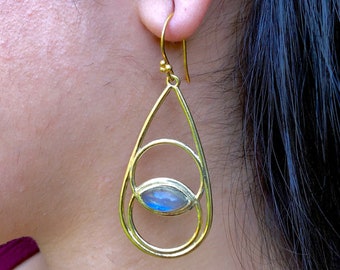 Brass Vesica Piscis Earrings with Labradorite Crystal / Gold Sacred Geometry Spiritual Jewelry / Flower of Life Earrings - E183