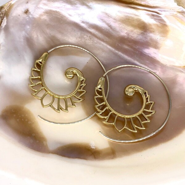 Feathered Spiral Brass Earrings