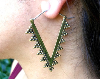 Brass Tribal Triangle Earrings / Boho Tribal Hoops / Gold Everyday Hoops / Shakti Earrings / Geometric Hoops - E140