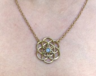 Brass Petite Seed of Life Necklace with Moonstone / Sacred Geometry Gold Flower of Life Necklace / Spiritual Jewelry  - N131