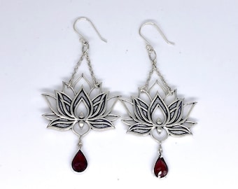 Silver Lotus Earrings with Garnet Crystals /  Buddhist Meditation Earrings or Yoga Earrings / Lotus Flower Drop Earrings - E237