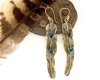 Feather Earrings with Labradorite Crystals / Brass Boho Southwestern Earrings / Triangle Labradorite Earrings - E175