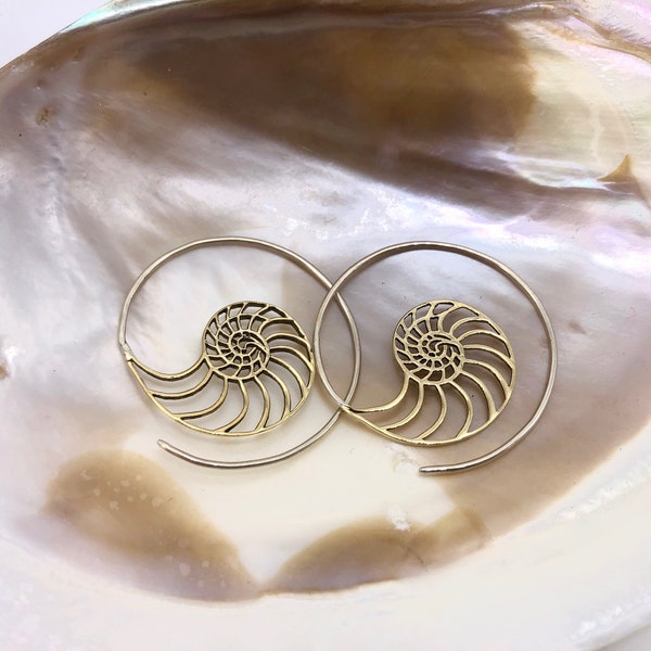 Brass Petite Nautilus Spiral Earrings / Sacred Geometry Gold Spiral Earrings / Ammonite Fossil Seashell Earrings / Boho Tribal Gypsy  - E149