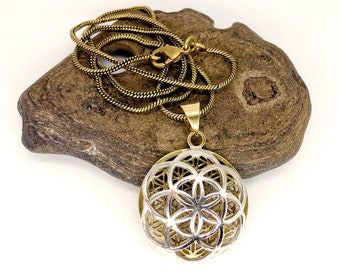 Brass and Silver Seed of Life & Flower of Life Necklace / 3D Sacred Geometry Necklace / Mandala Pendant / Men's Spiritual Necklace - N126