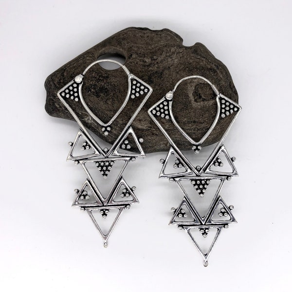 Silver Tribal Boho Chandelier Earrings / Silver Triangle Hoops / Feminine Geometric Earrings / Tribal Gypsy Earrings - E216