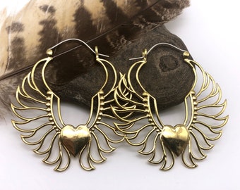 Brass Winged Heart Earrings / Big Gold Heart Hoops / Gold Wing Earrings / Boho Tribal Earrings / Sufi Symbol / Spiritual Jewelry - E180