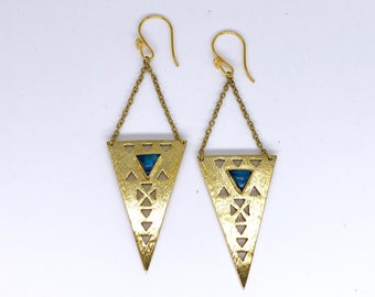 Brass Southwestern Triangle Earrings with Labradorite / Gold Cutout Earrings / Geometric Boho Earrings / Dangling Triangles - E181