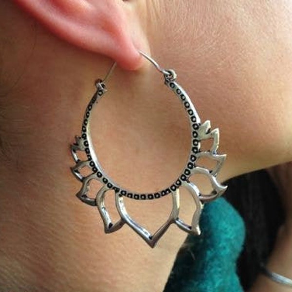 SALE! Silver Lotus Hoops / Silver Lotus Flower Earrings / Buddhist Earrings / Boho Yoga Jewelry  - E210