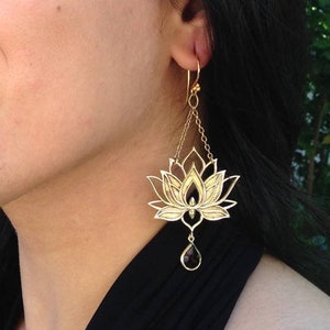 Brass Lotus Earrings with Garnet Crystals / Gold Lotus Earrings / Boho Goddess Jewelry / Yoga Earrings or Meditation Earrings - E157