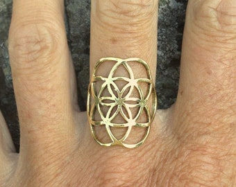 Brass Petite Seed of Life Ring / Gold Flower of Life Sacred Geometry Ring / Festival Jewelry Tribal Gypsy Ring / Meditation Mandala - R113