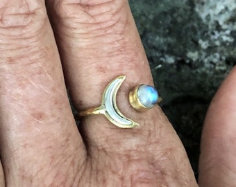 Brass & Silver Crescent Moon Ring with Rainbow Moonstone / Gold Moon Ring / Adjustable Moonstone Ring / Witchy Jewelry - R141