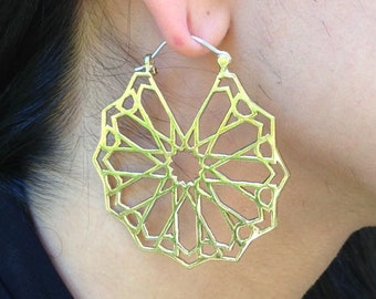 SALE! Brass Moroccan Style Geometric Hoops / Sacred Geometry Star Earrings / Islamic Art Mandala Earrings / Gold Boho Hoops - E155