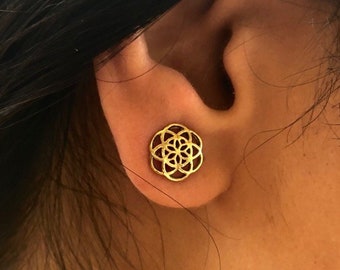 Brass & Silver Seed of Life Stud Earrings / Sacred Geometry Gold Seed of Life Earrings / Flower of Life Studs - E168