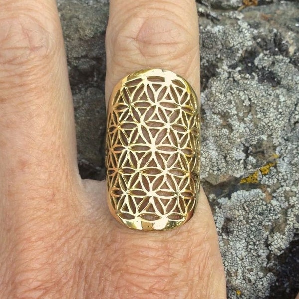 Brass Flower of Life Ring / Sacred Geometry Ring / Gold Flower of Life Ring / Spiritual Mandala Tribal Boho Jewelry / Gold Yoga Ring - R112