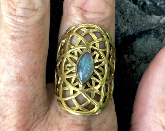 SALE! Brass Double Seed of Life Ring with Labradorite Crystal / Gold Sacred Geometry Flower of Life Ring / Mandala Ring - R135