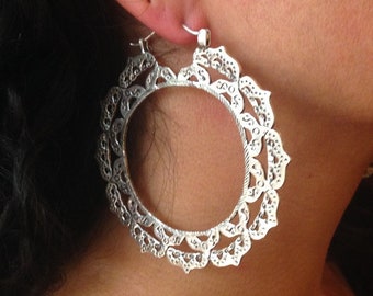 Silver Lotus Hoops / Big Tribal Hoop Earrings / Buddhist Earrings / Divine Feminine Yoga Lotus Jewelry / Boho Gypsy Hoops  - E226