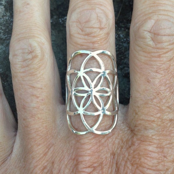 Sterling Silver Seed of Life Ring / Sacred Geometry Flower of Life Ring / Geometric Mandala Meditation Ring for Men or Women - R304