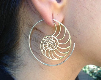 Brass Nautilus Spiral Earrings / Sacred Geometry Boho Gold Spirals / Ammonite Fossil Seashell Earrings / Gold Geometric Hoops - E162
