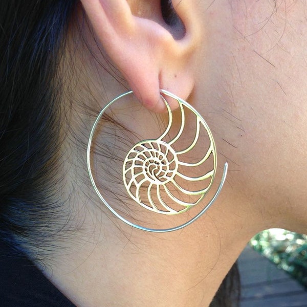 Brass Nautilus Spiral Earrings / Sacred Geometry Boho Gold Spirals / Ammonite Fossil Seashell Earrings / Gold Geometric Hoops - E162