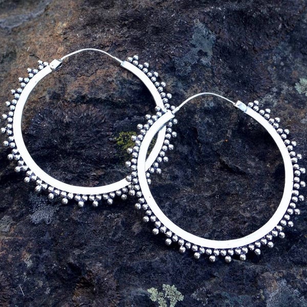 Silver Big Tribal Hoop Earrings / Silver Gypsy Hoops for Everyday /  Silver Tribal Hoops / Festival Jewelry  - E236