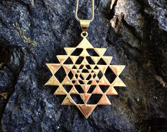 Brass Big Sri Yantra Necklace / Sacred Geometry Gold Shri Yantra Pendant / Tantric Meditation Necklace / Geometric Mandala  - N117