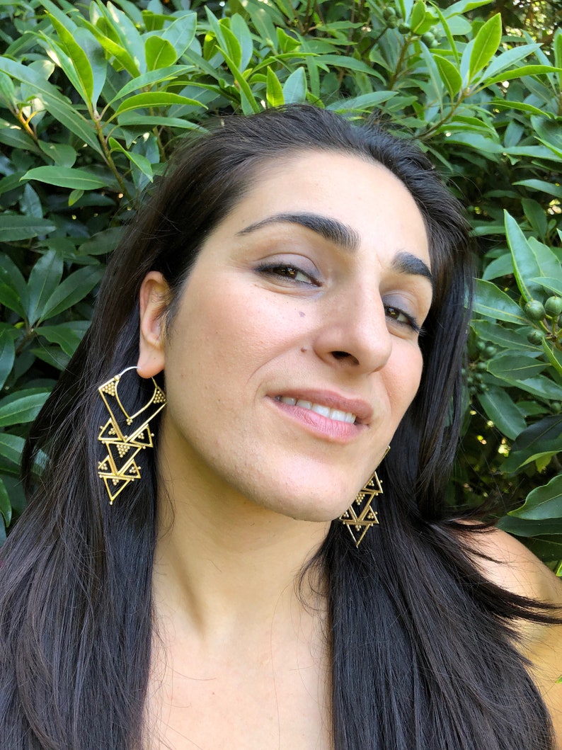 E137 Brass Tribal Boho Chandelier Earrings Gold Triangle Hoops Sacred Feminine Geometric Earrings Tribal Goddess Jewelry