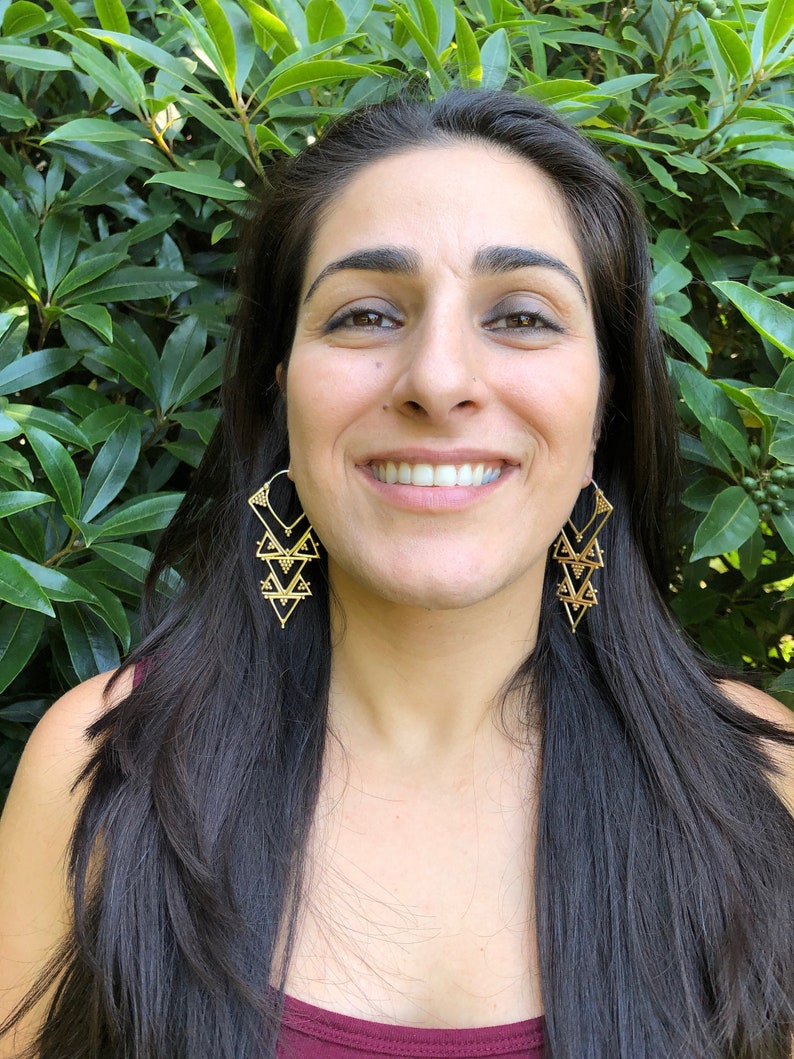 E137 Brass Tribal Boho Chandelier Earrings Gold Triangle Hoops Sacred Feminine Geometric Earrings Tribal Goddess Jewelry