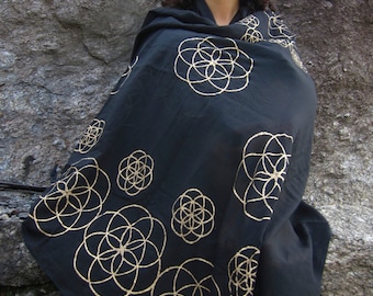 Black Seed of Life Scarf / Meditation Shawl or Altar Cloth / Sacred Geometry Prayer Shawl / Gold Mandala Flower of Life Sarong - K601