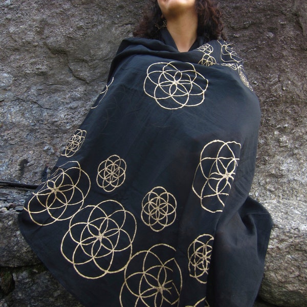 Black Seed of Life Scarf / Meditation Shawl or Altar Cloth / Sacred Geometry Prayer Shawl / Gold Mandala Flower of Life Sarong - K601