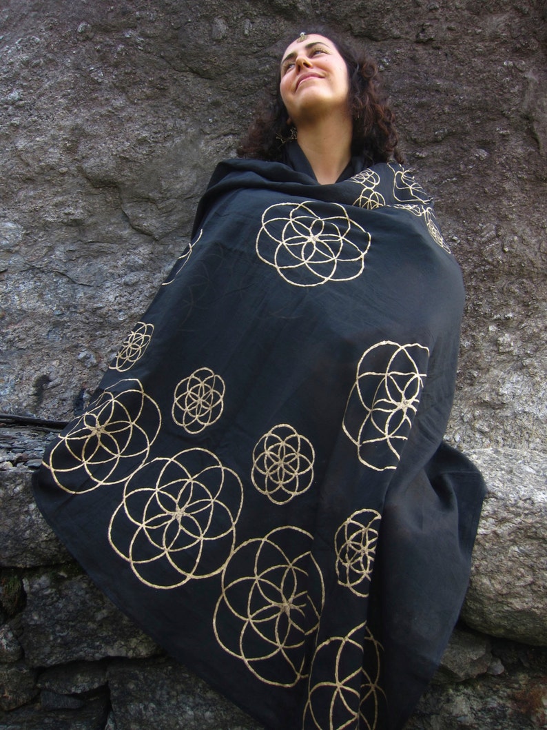 Black Seed of Life Scarf / Meditation Shawl or Altar Cloth / Sacred Geometry Prayer Shawl / Gold Mandala Flower of Life Sarong - K601 