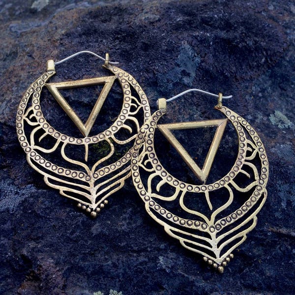 Brass Shakti Tribal Earrings with Sterling Silver Ear Wires, Powerful Feminine Tantra Tantric Goddess Adornment - E122