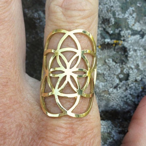 Brass Seed of Life Ring / Sacred Geometry Gold Flower of Life Ring / Geometric Boho Ring / Spiritual Yoga Ring / Tribal Gypsy Ring   - R114