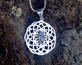 Silver Double Seed of Life Necklace with Labradorite Crystal / Sacred Geometry Silver Flower of Life Pendant / Cat's Eye Mandala - N214