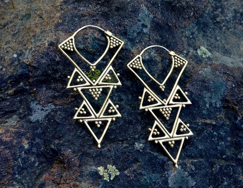 E137 Brass Tribal Boho Chandelier Earrings Gold Triangle Hoops Sacred Feminine Geometric Earrings Tribal Goddess Jewelry