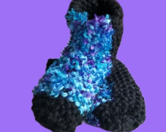 Blue with Purple Fuzzy Mix and Black Hand Knit Slippers