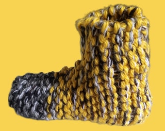 Gray and Mustard Chunky Knit Slippers