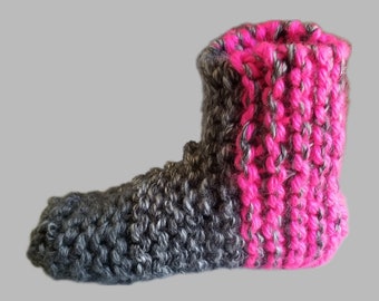 Gray and Hot Pink Chunky Knit Slippers