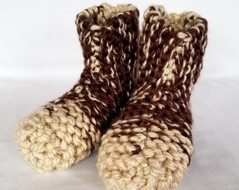 Handmade Knit Women's Booties: Tan and Brown, Size 6-9